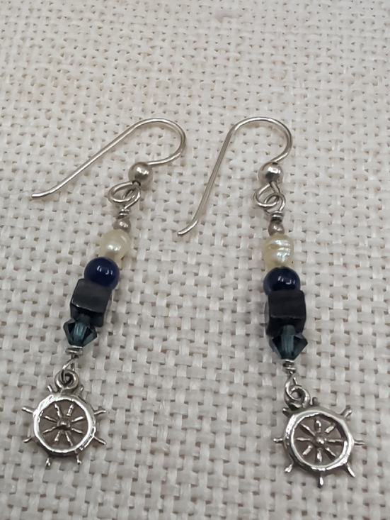 Handmade Jewelry - Sterling Silver Nautical Wheel Dangle Earrings with Navy and Pearl Beads